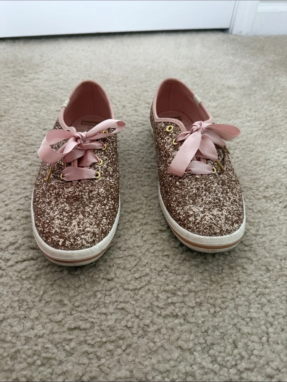Glitter Satin Lace-Up Women's Sneaker - Rose Gold Pink - Picture 4 of 8